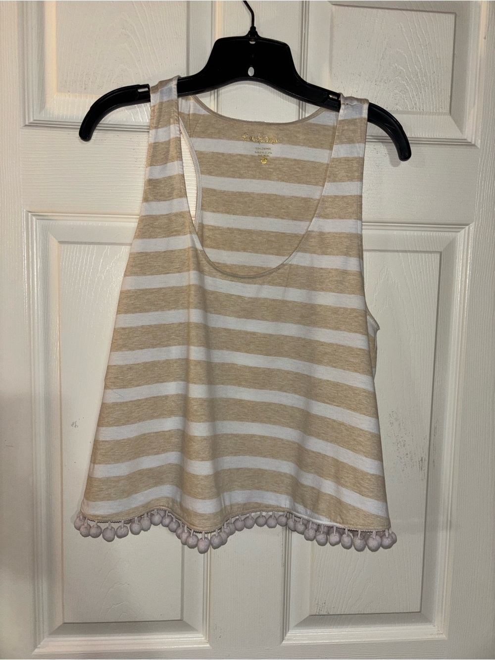 Lilly Pulitzer Beige & White Striped Pom-Pom Tank